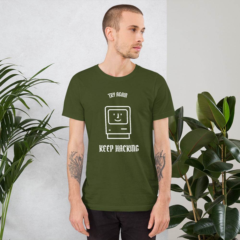 Keep hacking - Short-Sleeve Unisex T-Shirt (white text) by DarkByteGear