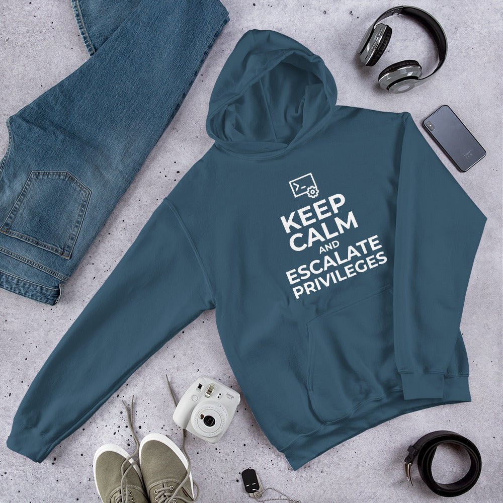 Keep calm and escalate privileges - Unisex Hoodie (white text) by DarkByteGear