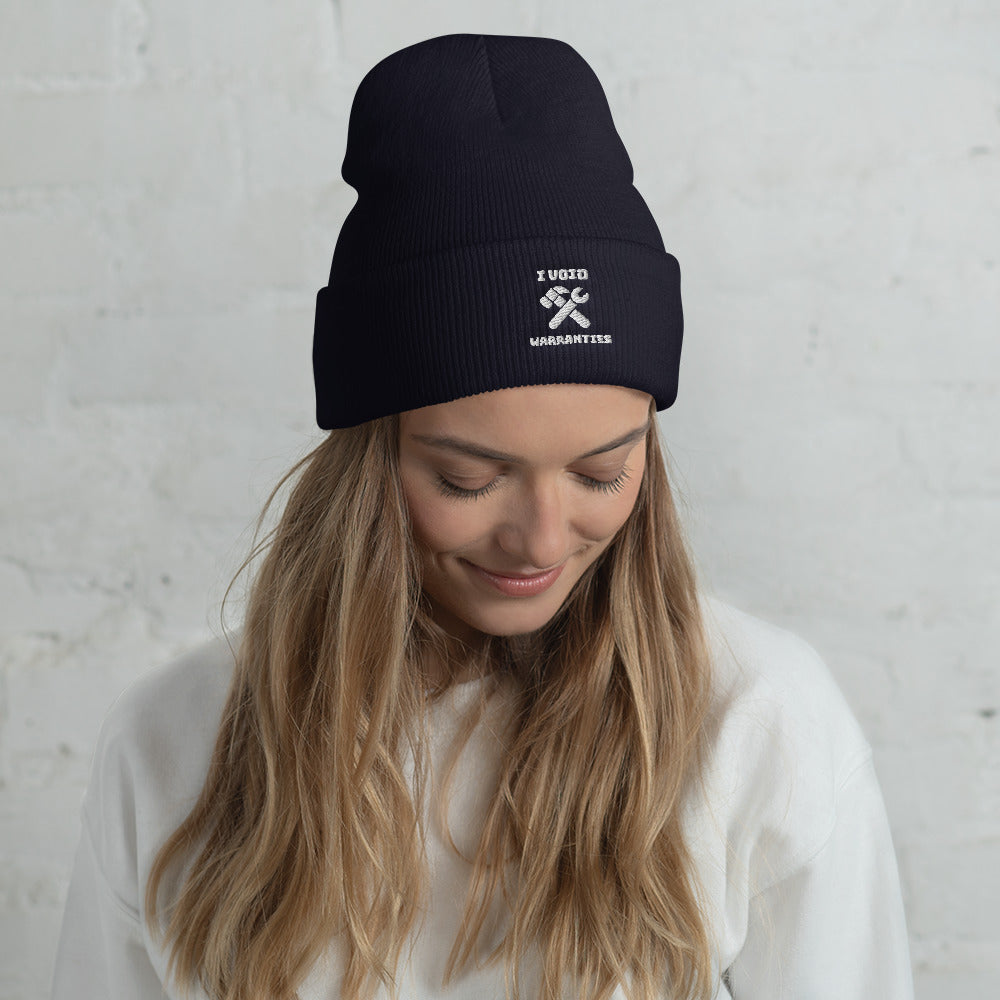 I void warranties - Cuffed Beanie (white text) by DarkByteGear
