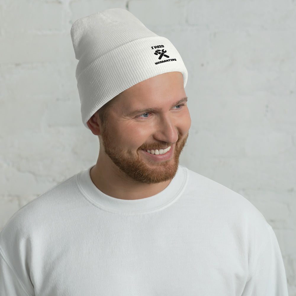 I void warranties - Cuffed Beanie (black text) by DarkByteGear