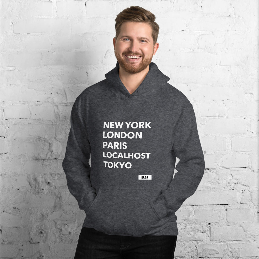 New York London Paris Localhost Tokyo 127.0.0.1 - Unisex Hoodie by DarkByteGear