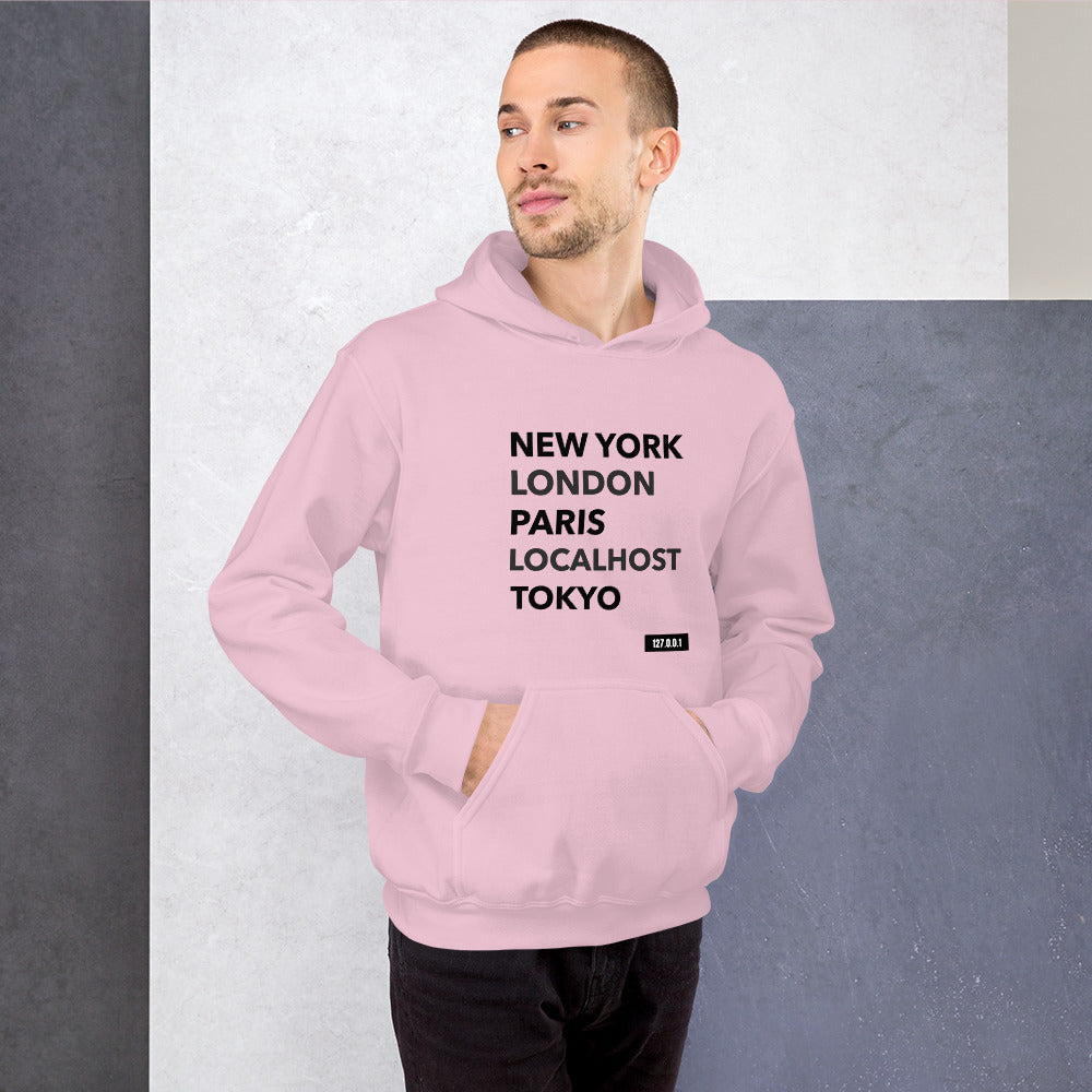New York London Paris Localhost Tokyo 127.0.0.1 - Unisex Hoodie (black text) by DarkByteGear