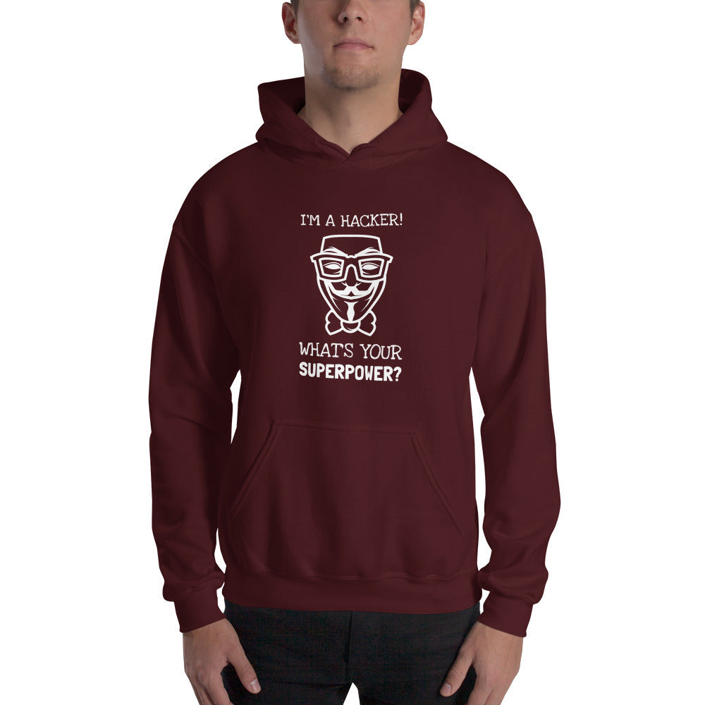 I'm a hacker! What's your superpower? - Hooded Sweatshirt (white text) by DarkByteGear