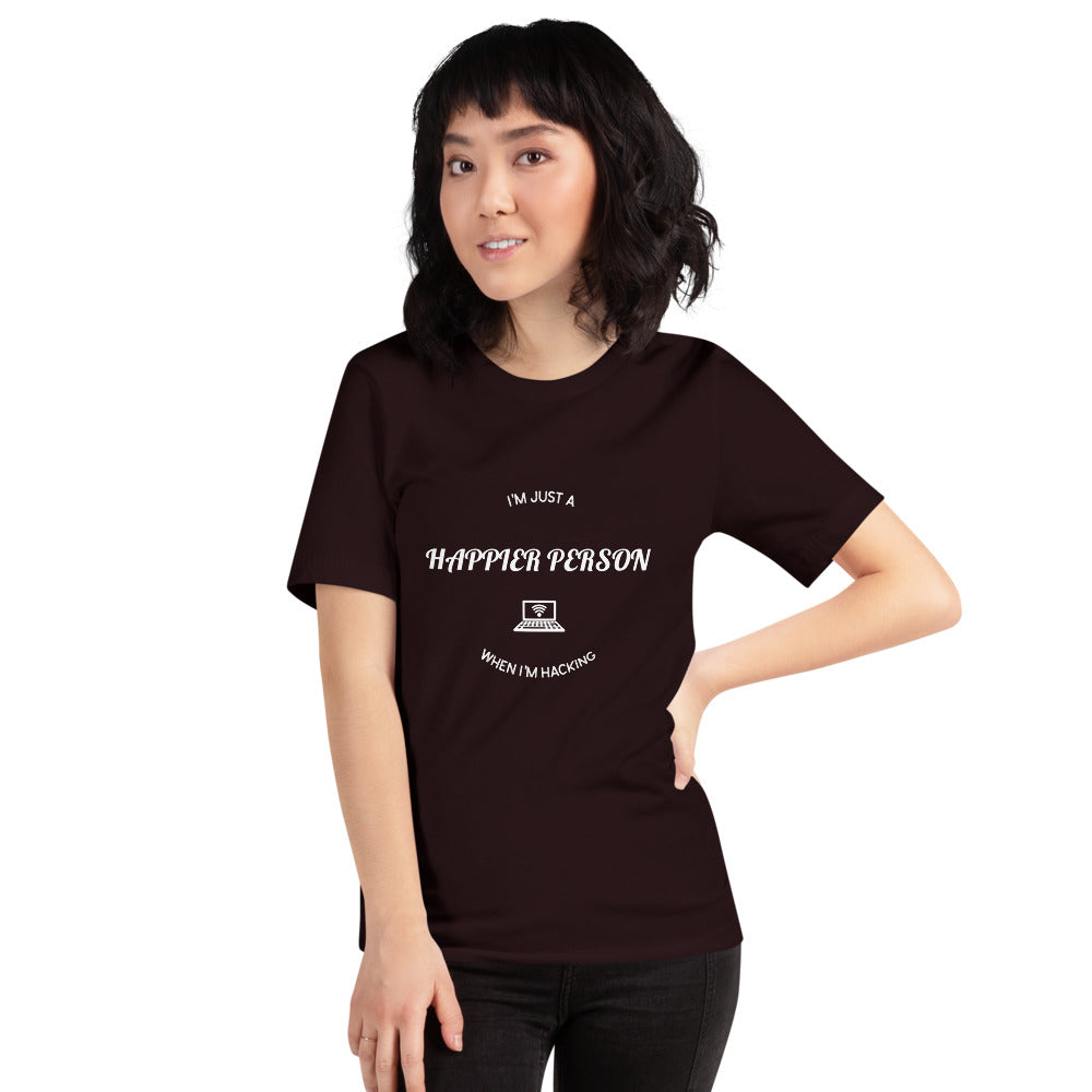 I'm a happier person when I'm hacking - Short-Sleeve Unisex T-Shirt (white text) by DarkByteGear
