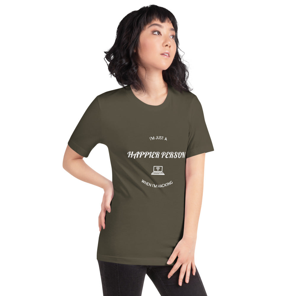 I'm a happier person when I'm hacking - Short-Sleeve Unisex T-Shirt (white text) by DarkByteGear