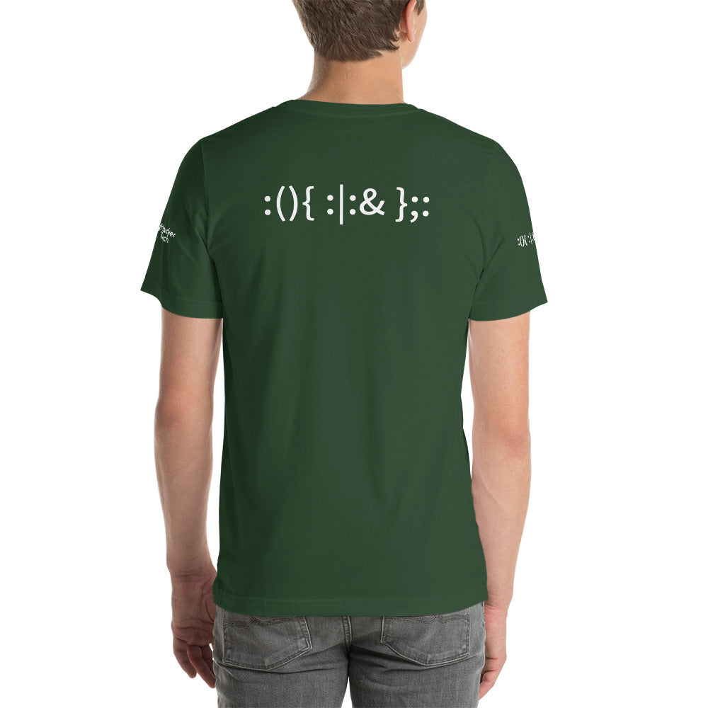 Linux Hackers - Bash Fork Bomb - White Text Short-Sleeve Unisex T-Shirt ( with all sides design) by DarkByteGear