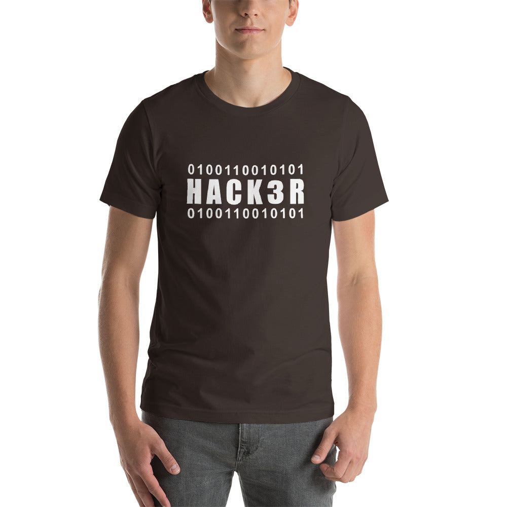 0100110010101 Hack3r Short-Sleeve Unisex T-Shirt (white text) by DarkByteGear