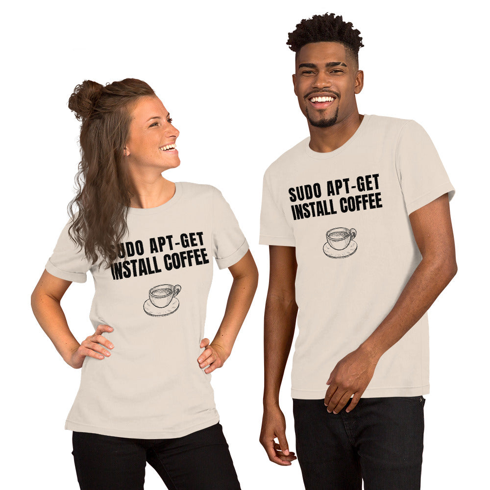 SUDO APT-GET INSTALL COFFEE - Short-Sleeve Unisex T-Shirt (black text) by DarkByteGear