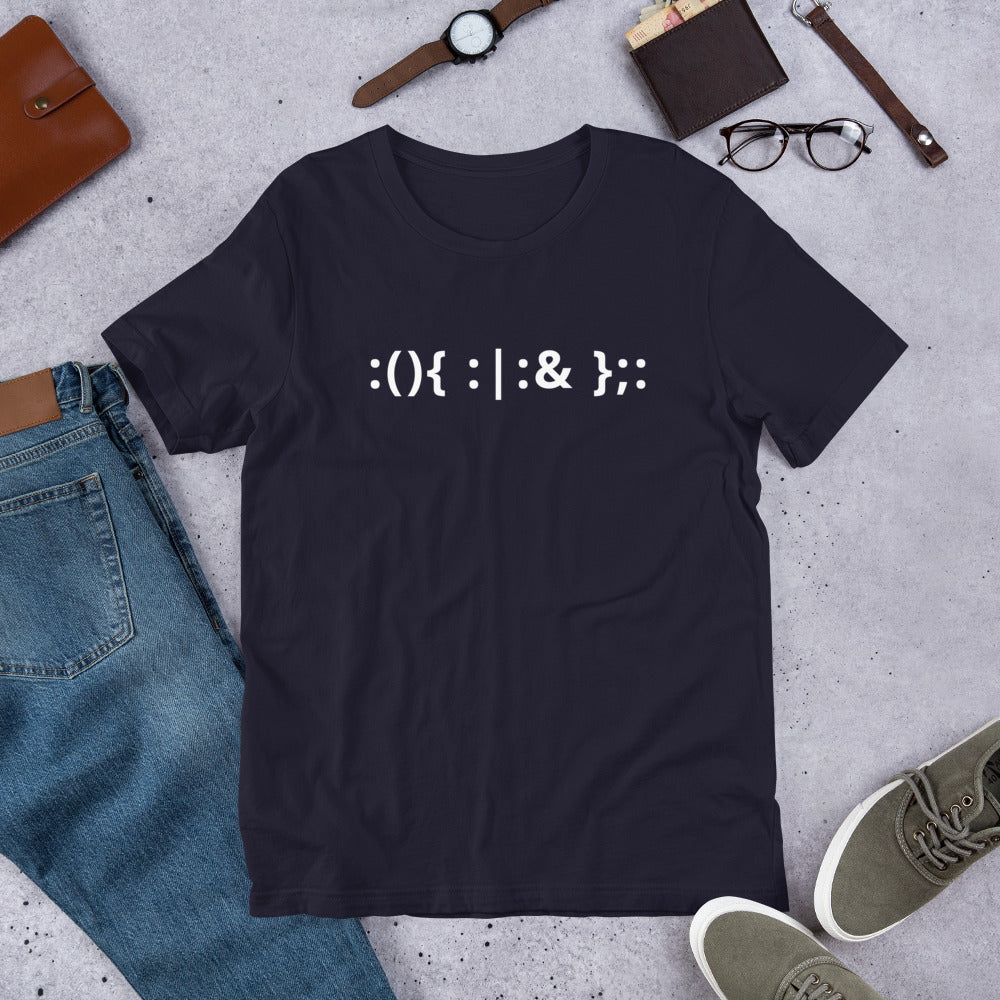 Linux Hackers - Bash Fork Bomb - White Text - Short-Sleeve Unisex T-Shirt by DarkByteGear
