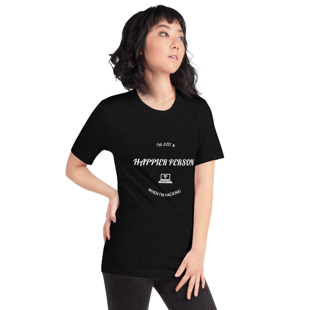 I'm a happier person when I'm hacking - Short-Sleeve Unisex T-Shirt (white text) by DarkByteGear