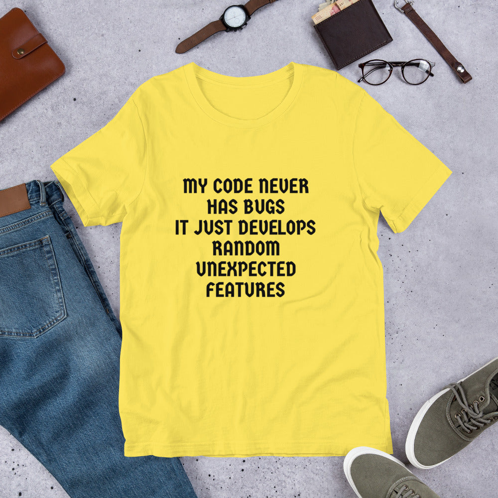 MY CODE NEVER HAS BUGS - Short-Sleeve Unisex T-Shirt (black text) by DarkByteGear