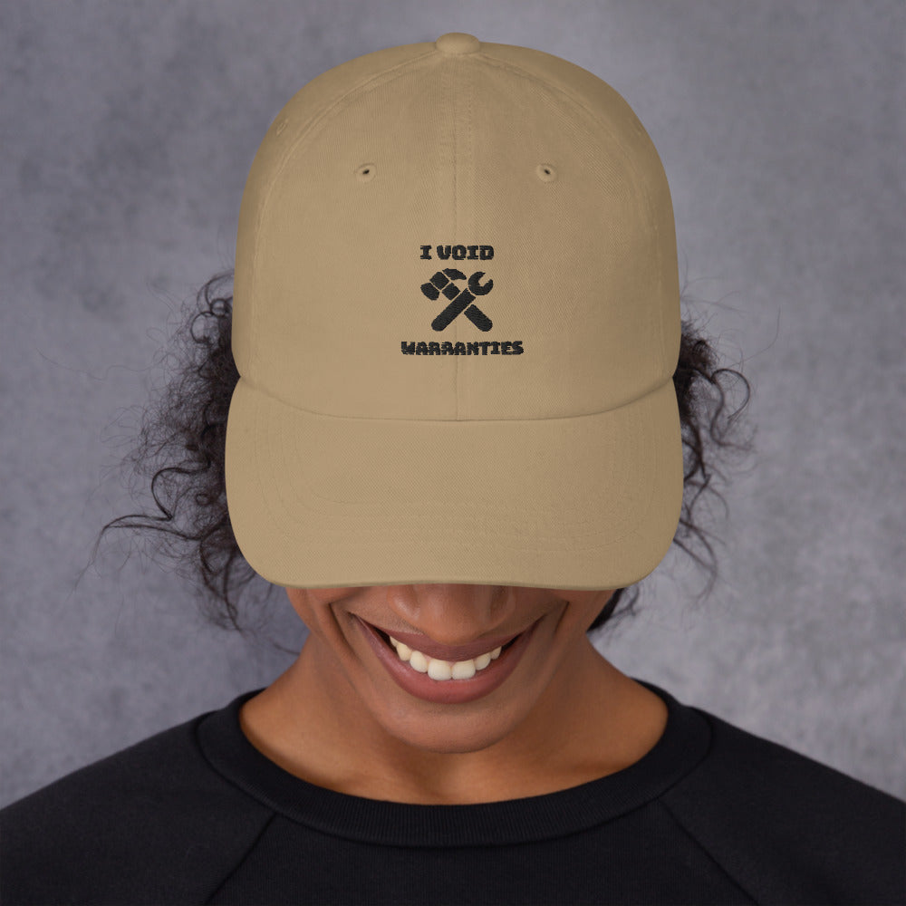 I void warranties - Dad hat (black text) by DarkByteGear