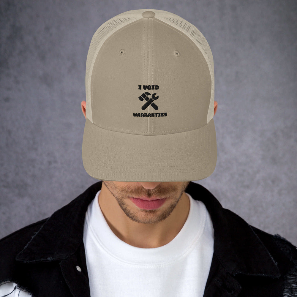 I void warranties - Trucker Cap (black text) by DarkByteGear