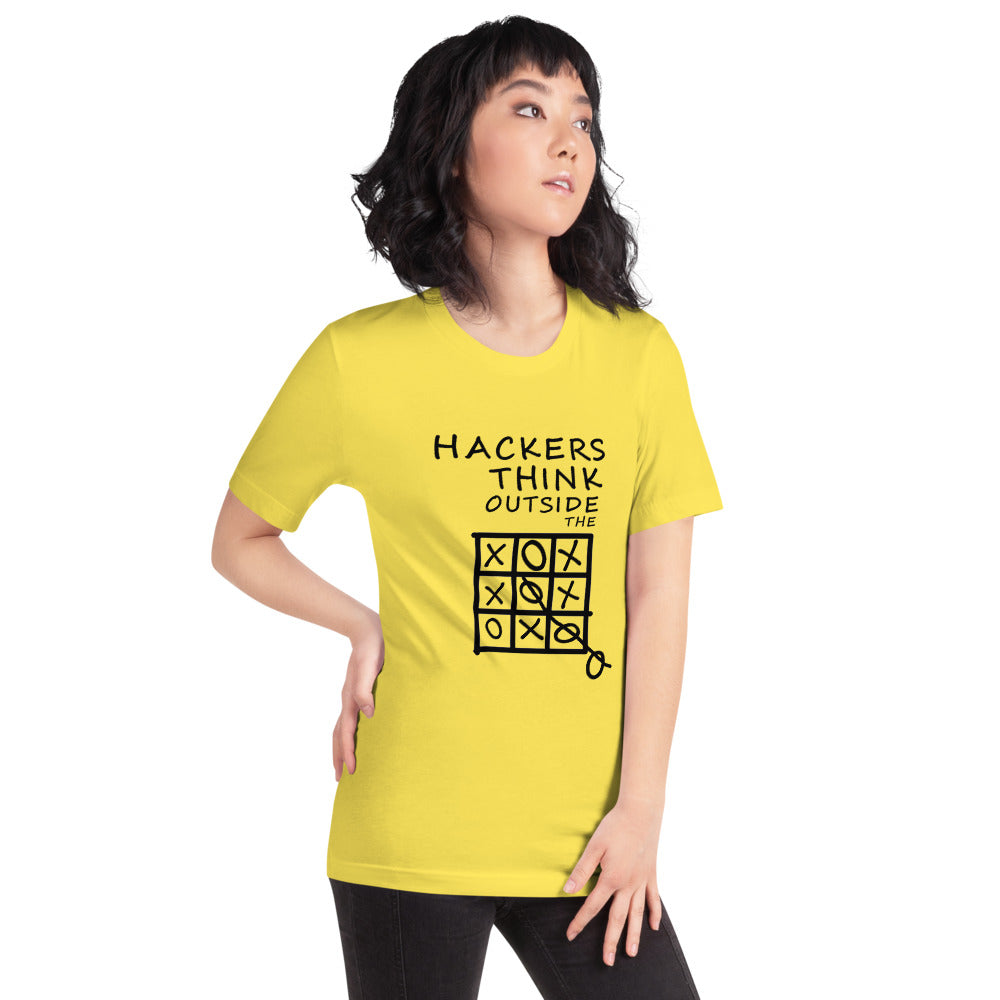 Hackers think outside the box - Short-Sleeve Unisex T-Shirt (black text) by DarkByteGear