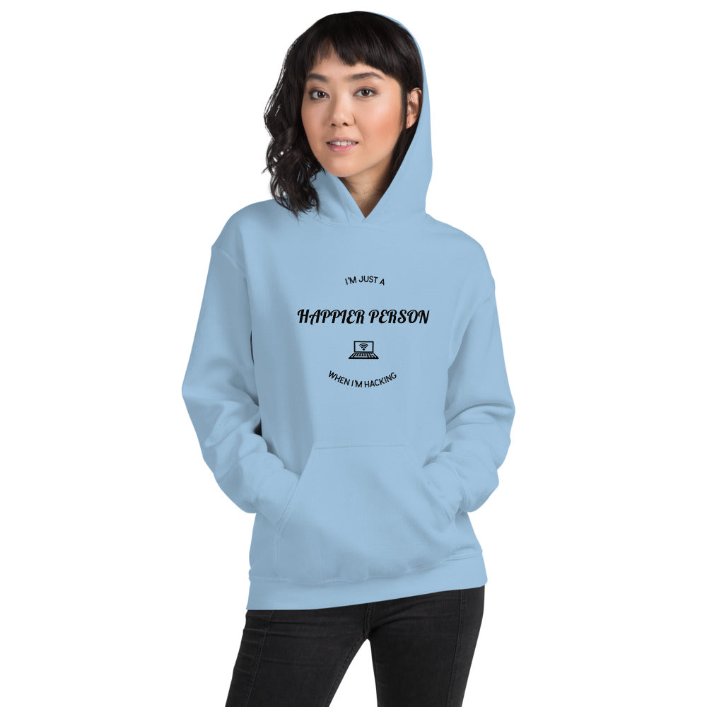 I'm a happier person when I'm hacking - Unisex Hoodie (black text) by DarkByteGear