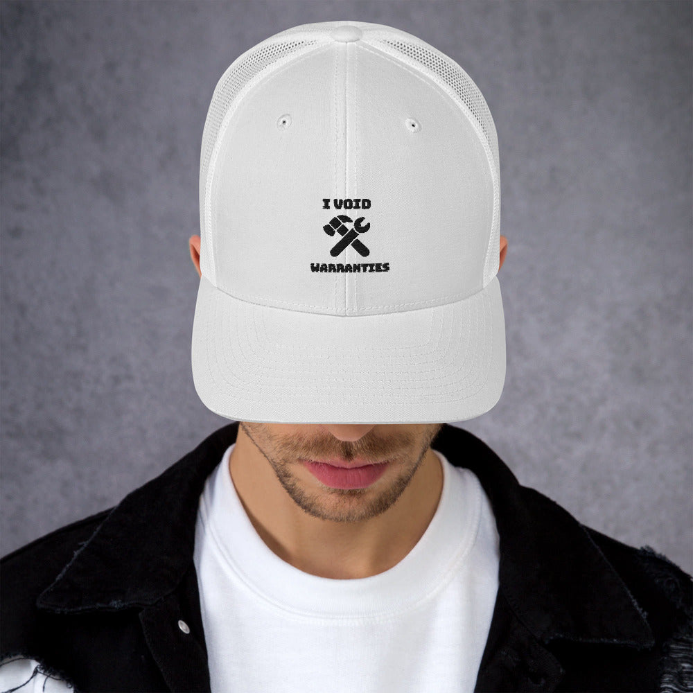 I void warranties - Trucker Cap (black text) by DarkByteGear