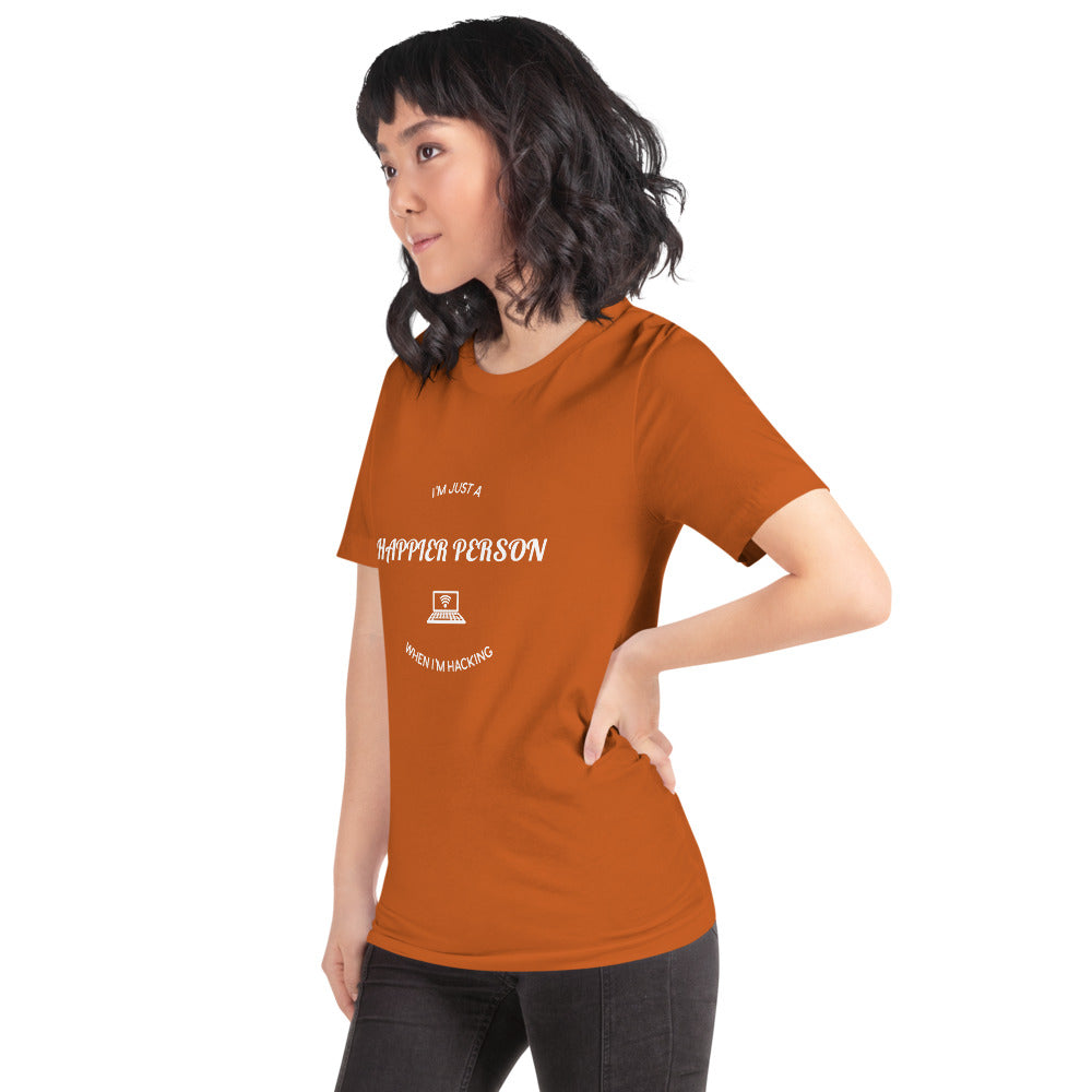 I'm a happier person when I'm hacking - Short-Sleeve Unisex T-Shirt (white text) by DarkByteGear