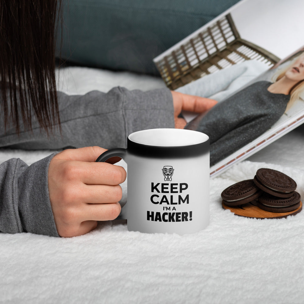 Keep Calm I'm a hacker! - Matte Black Magic Mug (black text) by DarkByteGear