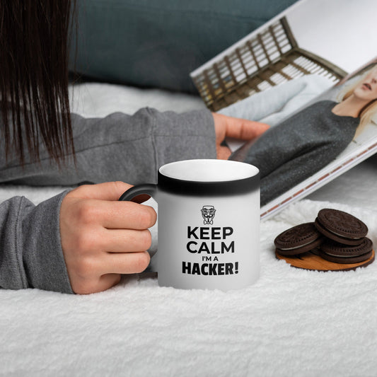 Keep Calm I'm a hacker! - Matte Black Magic Mug (black text) by DarkByteGear