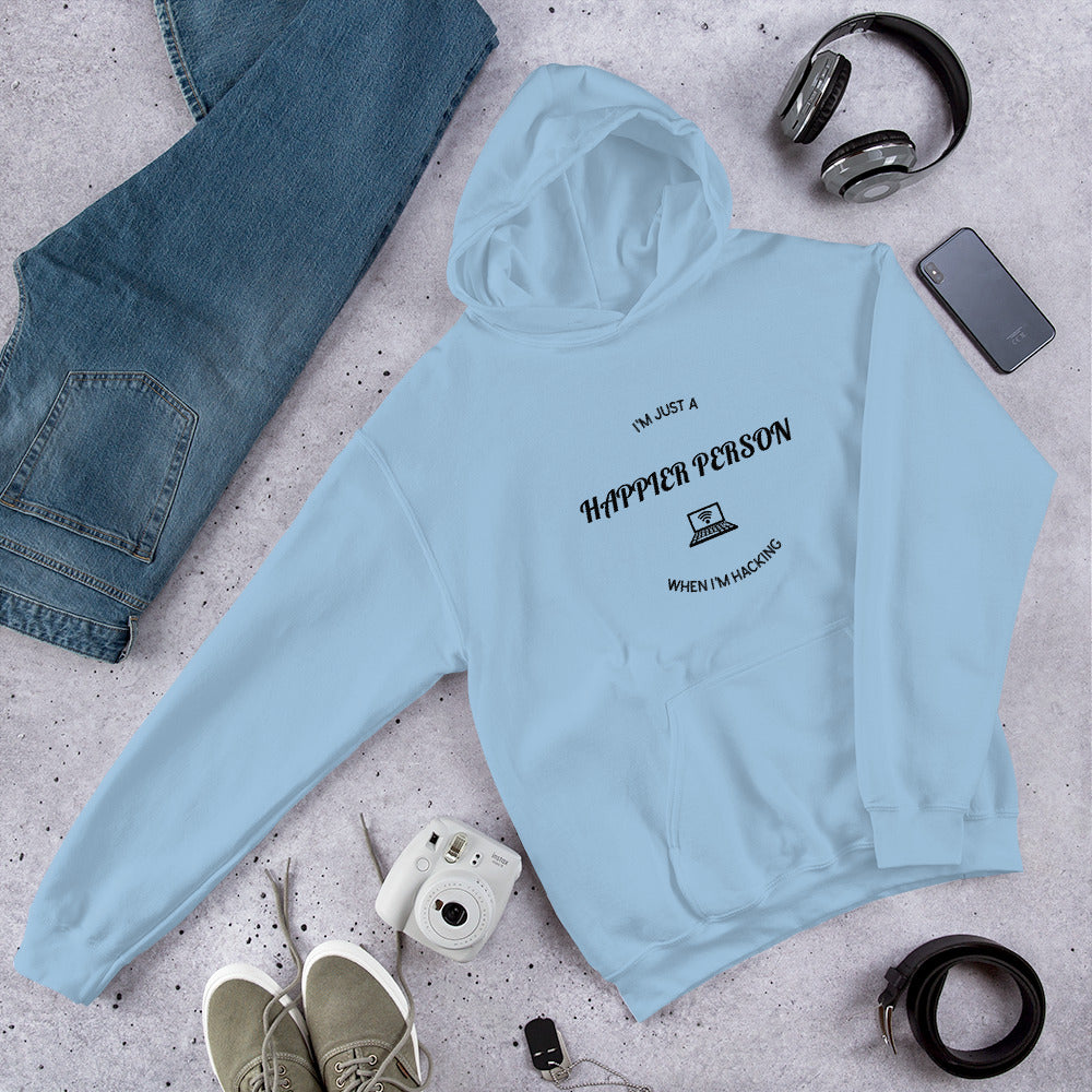 I'm a happier person when I'm hacking - Unisex Hoodie (black text) by DarkByteGear