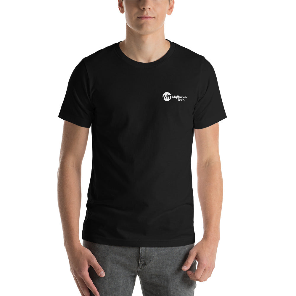 Grey Hat Hacker - Short-Sleeve Unisex T-Shirt (back print) by DarkByteGear