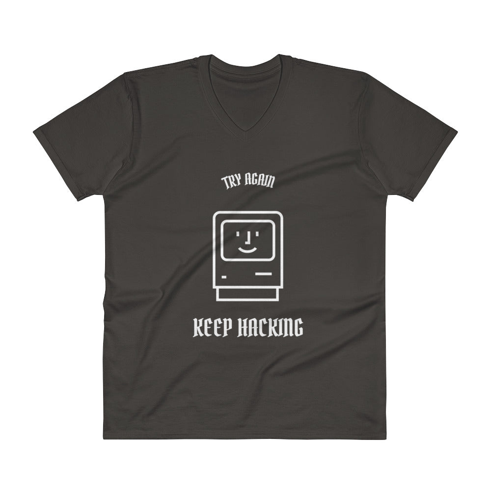 Keep hacking - V-Neck T-Shirt (white text) by DarkByteGear