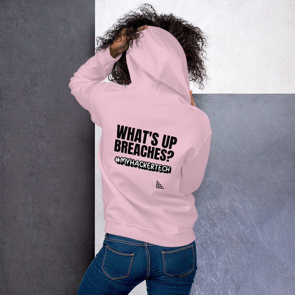 What's up breaches? - Unisex Hoodie (black text) by DarkByteGear