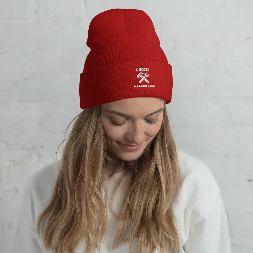 I void warranties - Cuffed Beanie (white text) by DarkByteGear