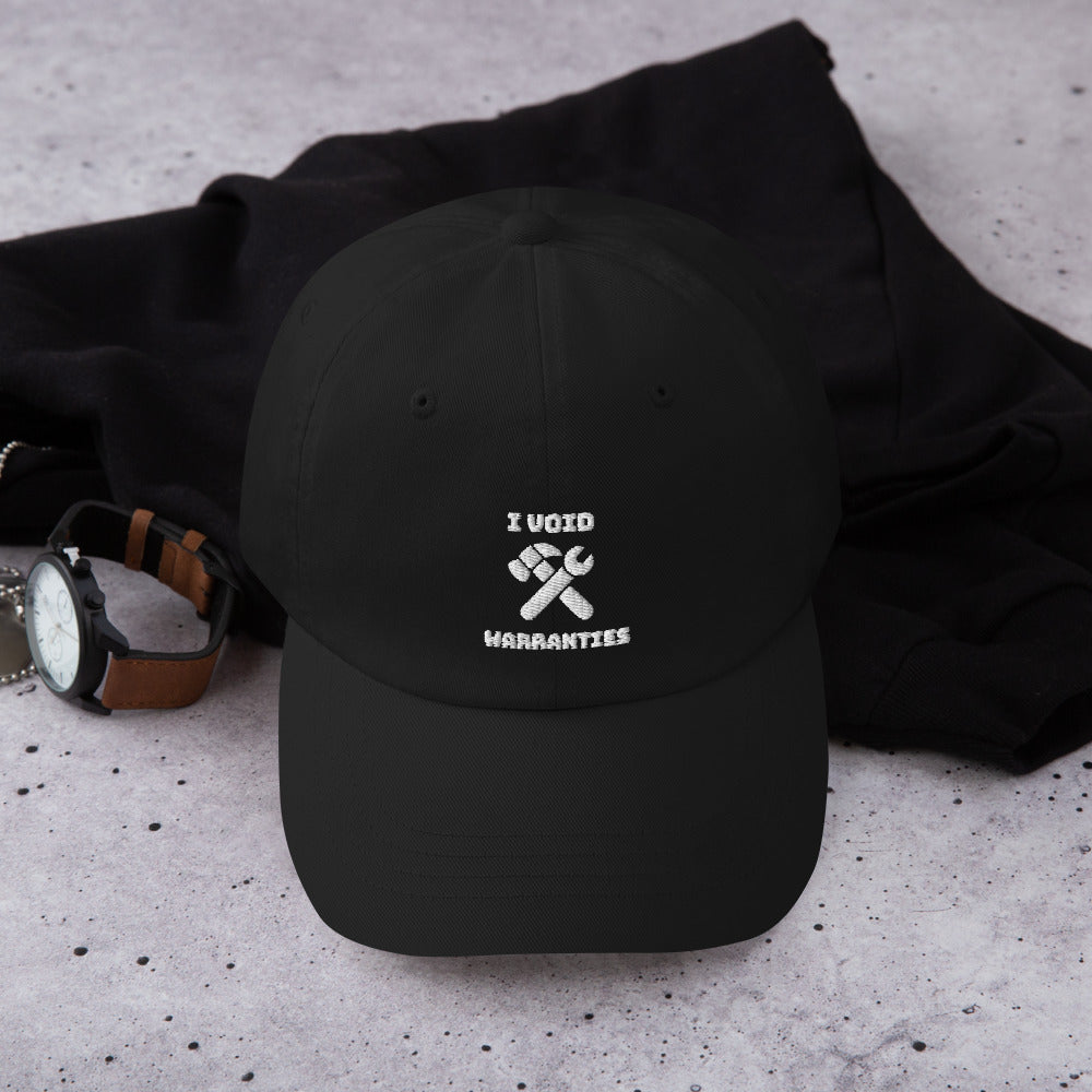 I void warranties - Dad hat (white text) by DarkByteGear