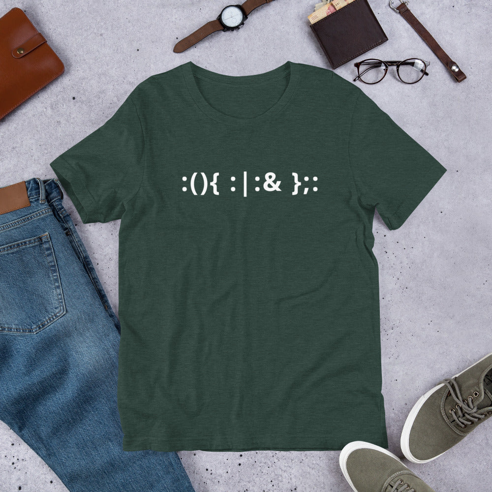 Linux Hackers - Bash Fork Bomb - White Text - Short-Sleeve Unisex T-Shirt by DarkByteGear
