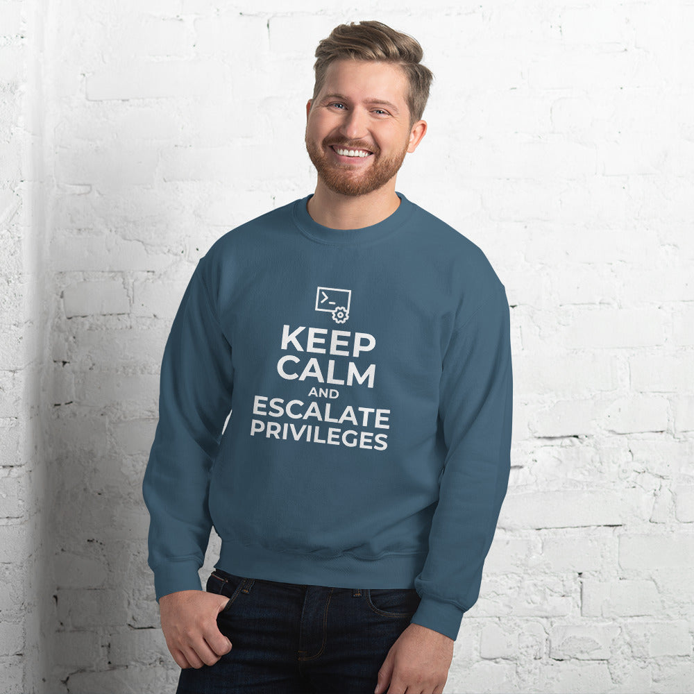 Keep calm and escalate privileges - Unisex Sweatshirt (white text) by DarkByteGear