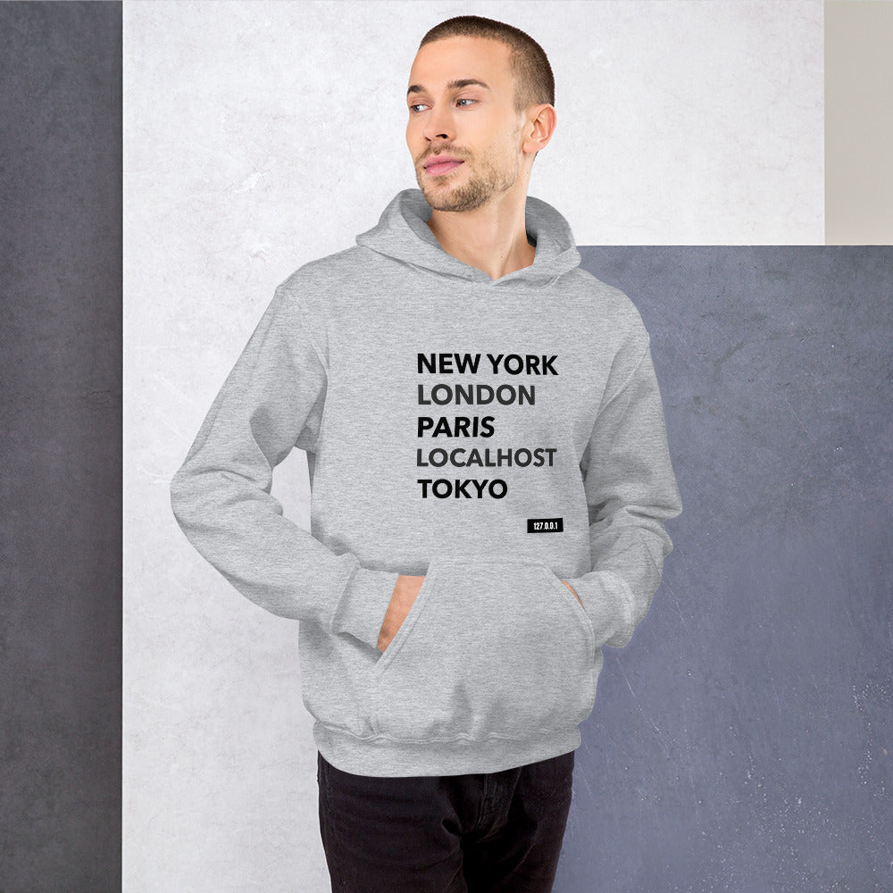 New York London Paris Localhost Tokyo 127.0.0.1 - Unisex Hoodie (black text) by DarkByteGear