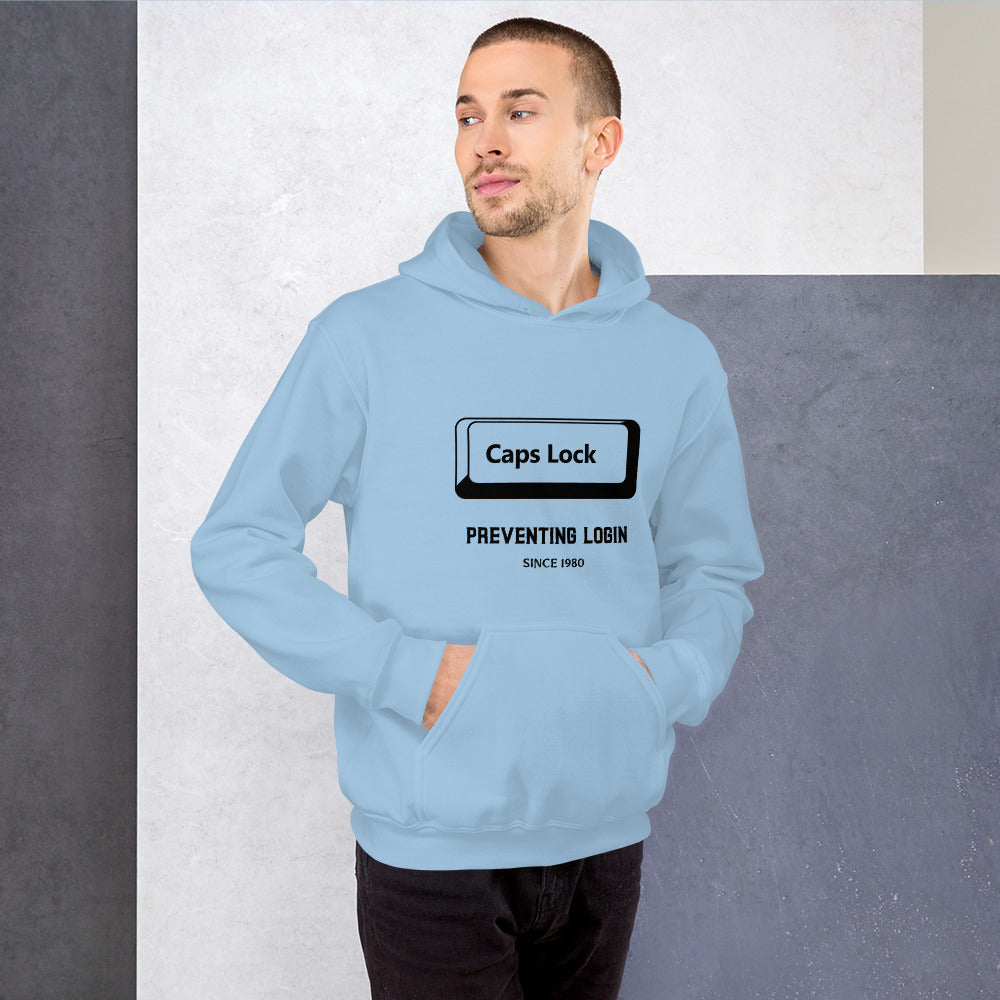 Caps Lock preventing login since 1980 - Unisex Hoodie (black text) by DarkByteGear