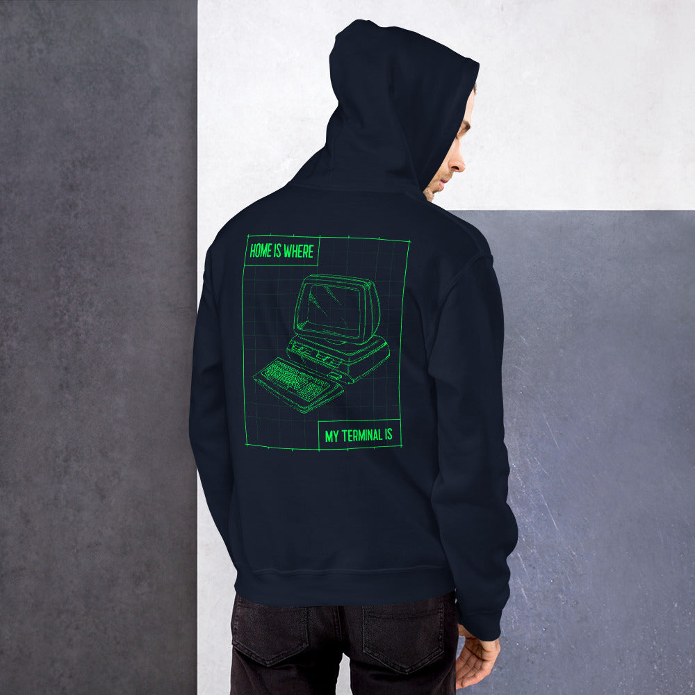 Home is where my terminal is - Unisex Hoodie (green text) by DarkByteGear