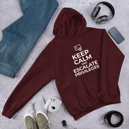 Keep calm and escalate privileges - Unisex Hoodie (white text) by DarkByteGear