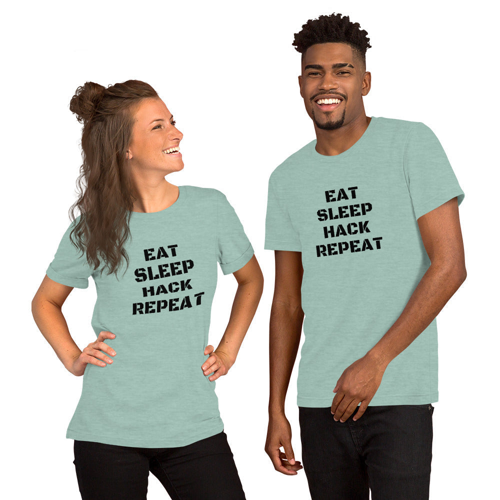 EAT SLEEP HACK REPEAT - Short-Sleeve Unisex T-Shirt (black text) by DarkByteGear