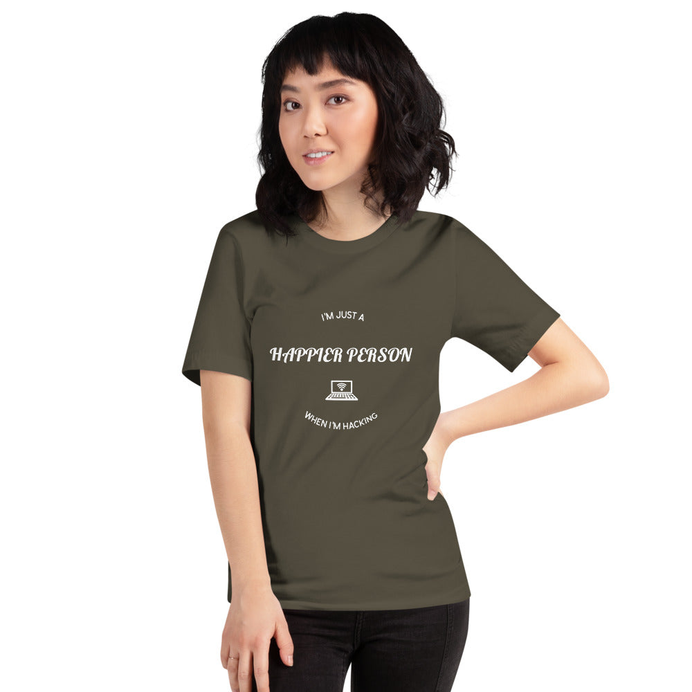 I'm a happier person when I'm hacking - Short-Sleeve Unisex T-Shirt (white text) by DarkByteGear