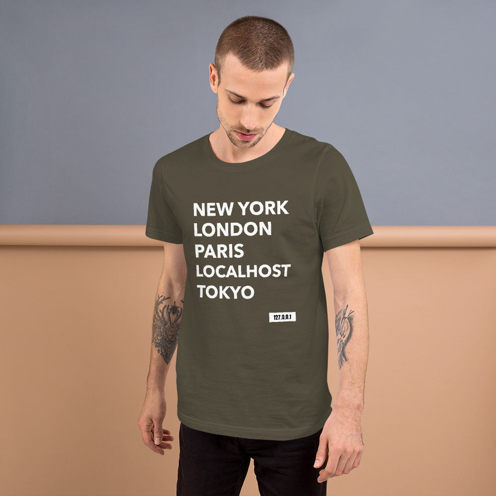 New York London Paris Localhost Tokyo 127.0.0.1 - Short-Sleeve Unisex T-Shirt by DarkByteGear