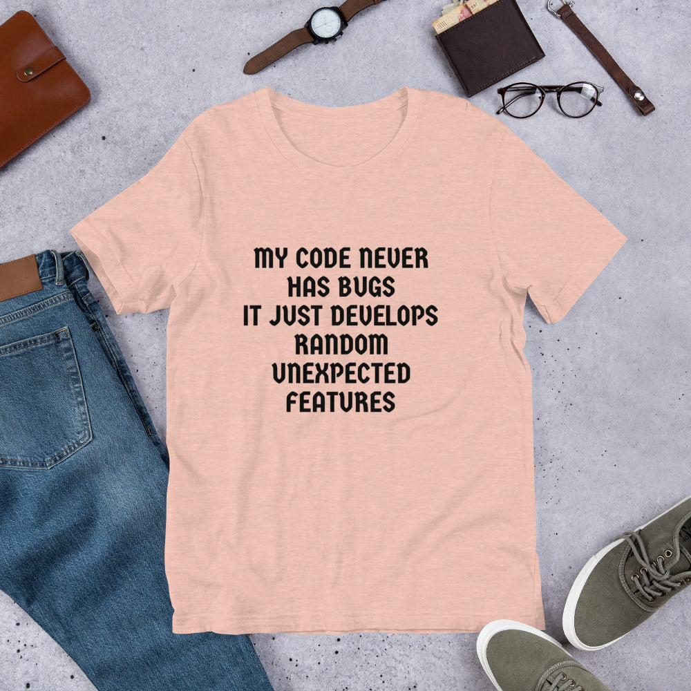 MY CODE NEVER HAS BUGS - Short-Sleeve Unisex T-Shirt (black text) by DarkByteGear