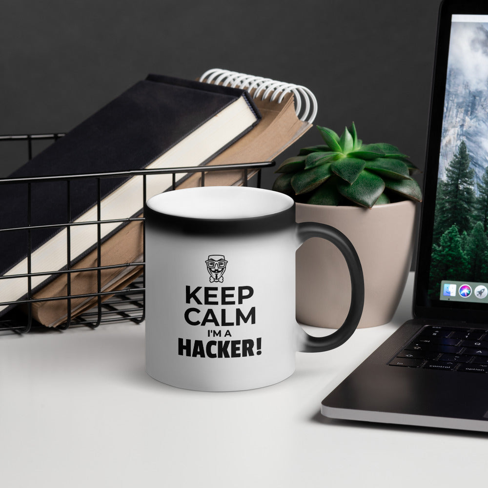 Keep Calm I'm a hacker! - Matte Black Magic Mug (black text) by DarkByteGear