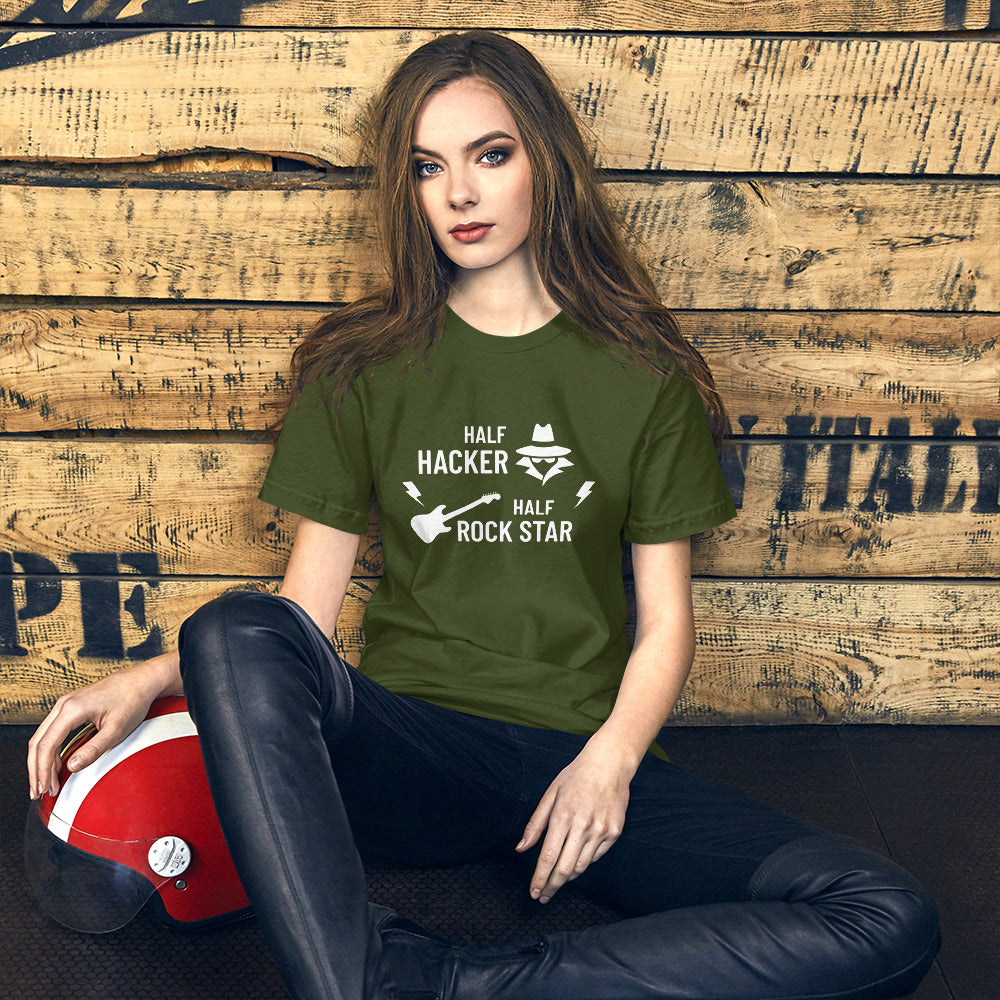 Half Hacker Half Rock Star - Short-Sleeve Unisex T-Shirt (white text) by DarkByteGear