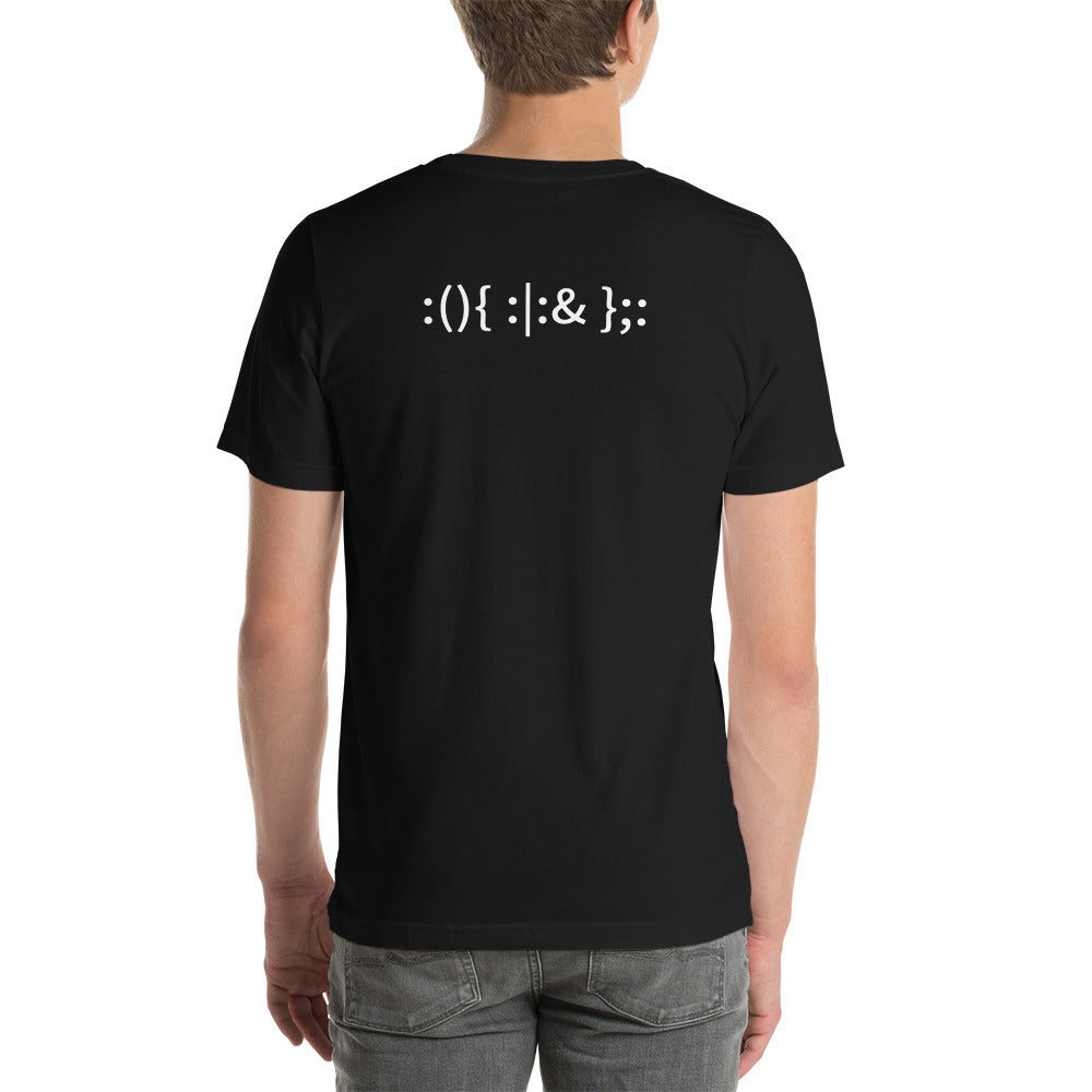 Linux Hackers - Bash Fork Bomb - White Text Short-Sleeve Unisex T-Shirt ( with back design) by DarkByteGear