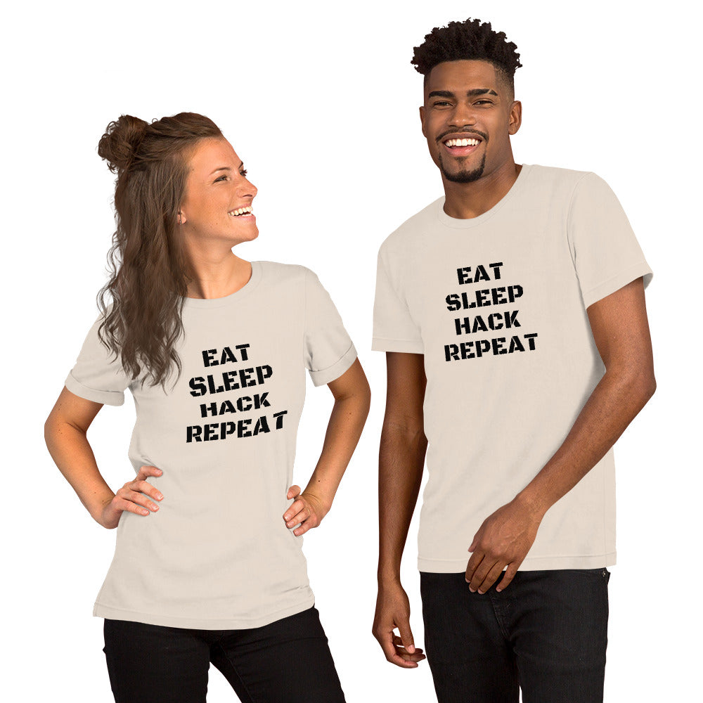 EAT SLEEP HACK REPEAT - Short-Sleeve Unisex T-Shirt (black text) by DarkByteGear