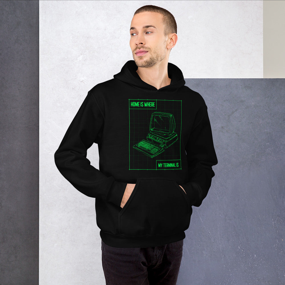 Home is where my terminal is - Unisex Hoodie (green text) by DarkByteGear