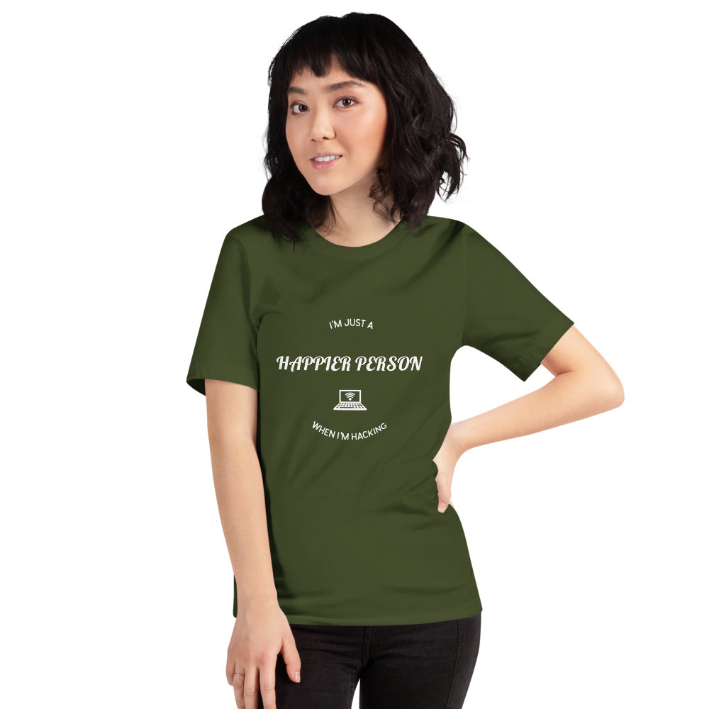 I'm a happier person when I'm hacking - Short-Sleeve Unisex T-Shirt (white text) by DarkByteGear