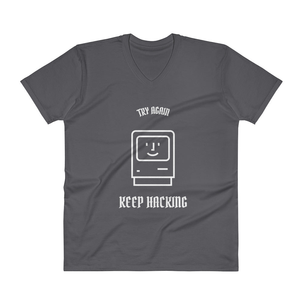 Keep hacking - V-Neck T-Shirt (white text) by DarkByteGear