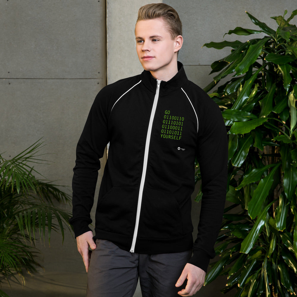 GO 01100110 01110101 01100011 01101011 YOURSELF - Piped Fleece Jacket by DarkByteGear