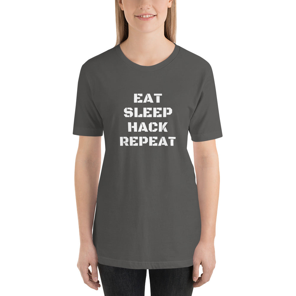 EAT SLEEP HACK REPEAT - Short-Sleeve Unisex T-Shirt (white text) by DarkByteGear