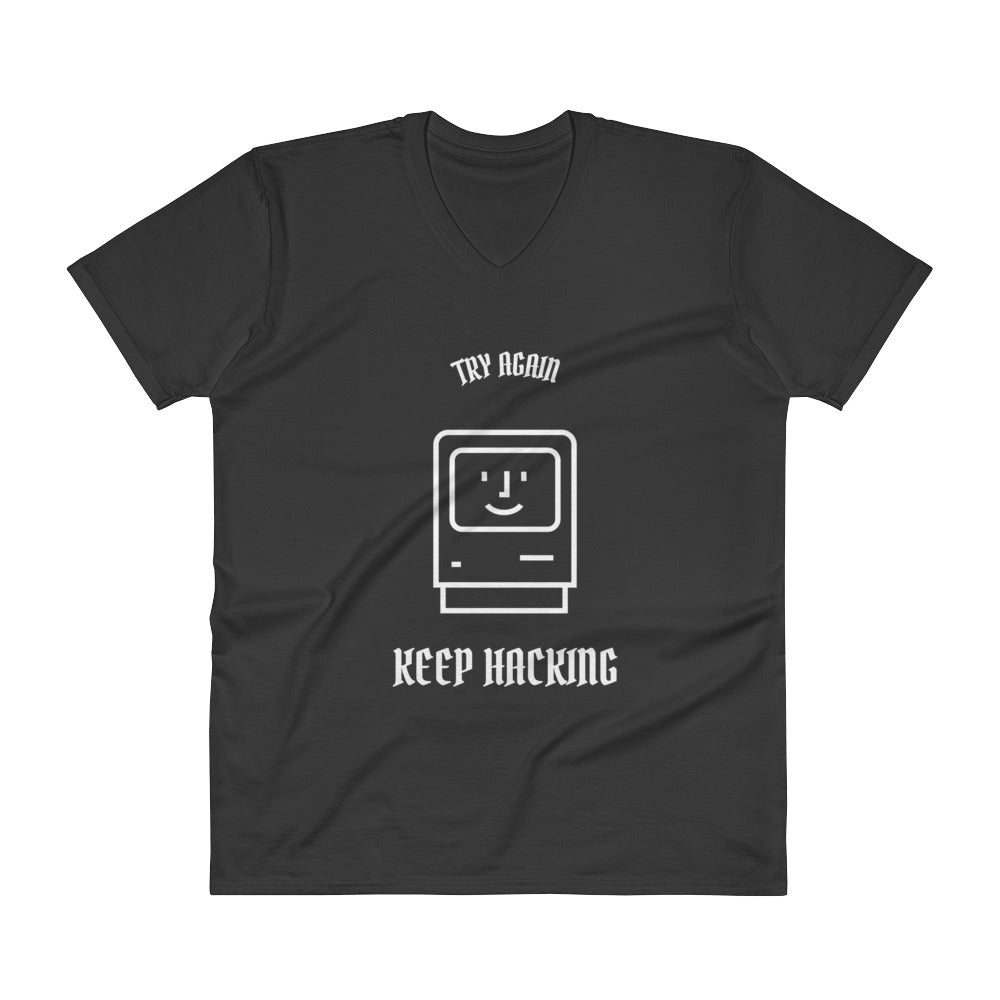 Keep hacking - V-Neck T-Shirt (white text) by DarkByteGear