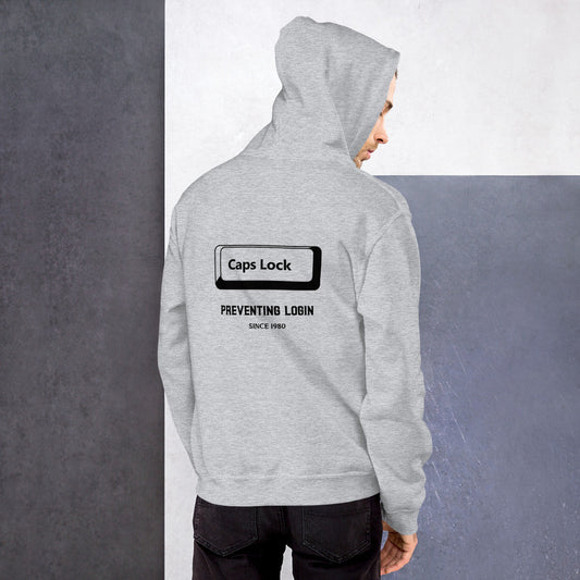 Caps Lock preventing login since 1980 - Unisex Hoodie (black text) by DarkByteGear